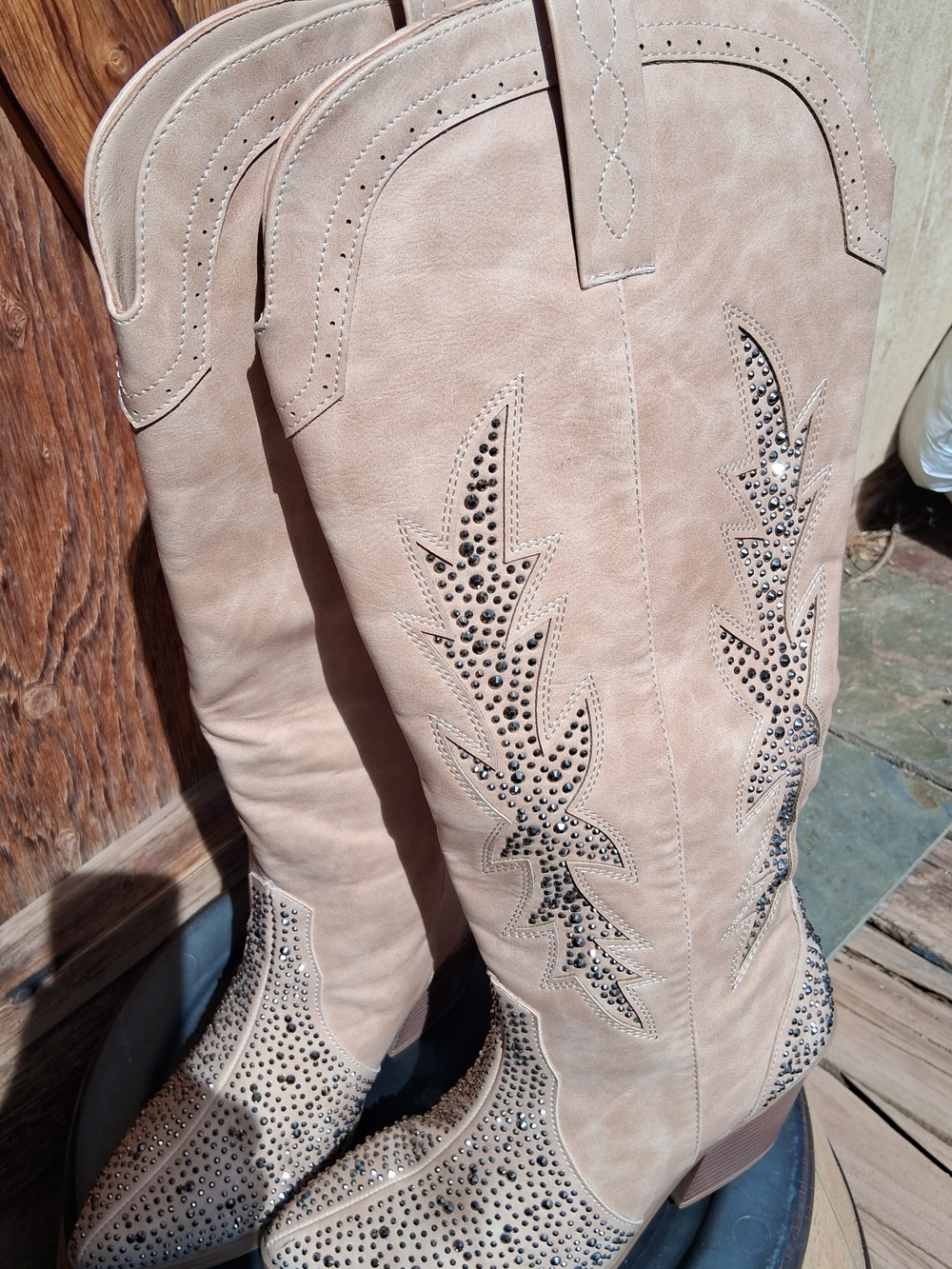 Sugar Beige Studded Knee-High Western Boots